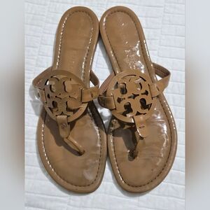 Tory Burch Tan Patent Leather Logo Thong Sandals